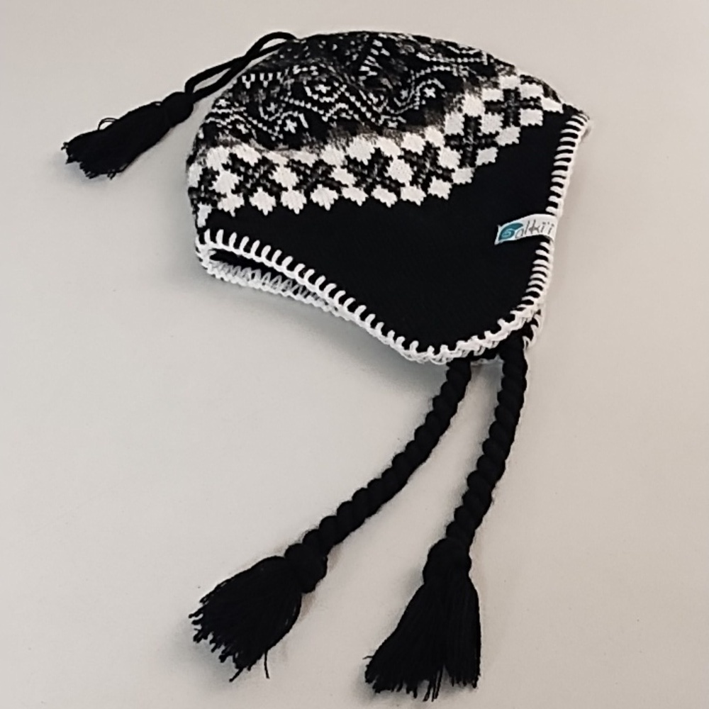 Alki'i Fair Isle Knit Beanie Hat Lined with Soft Velour Sherpa Blk Cream Grey